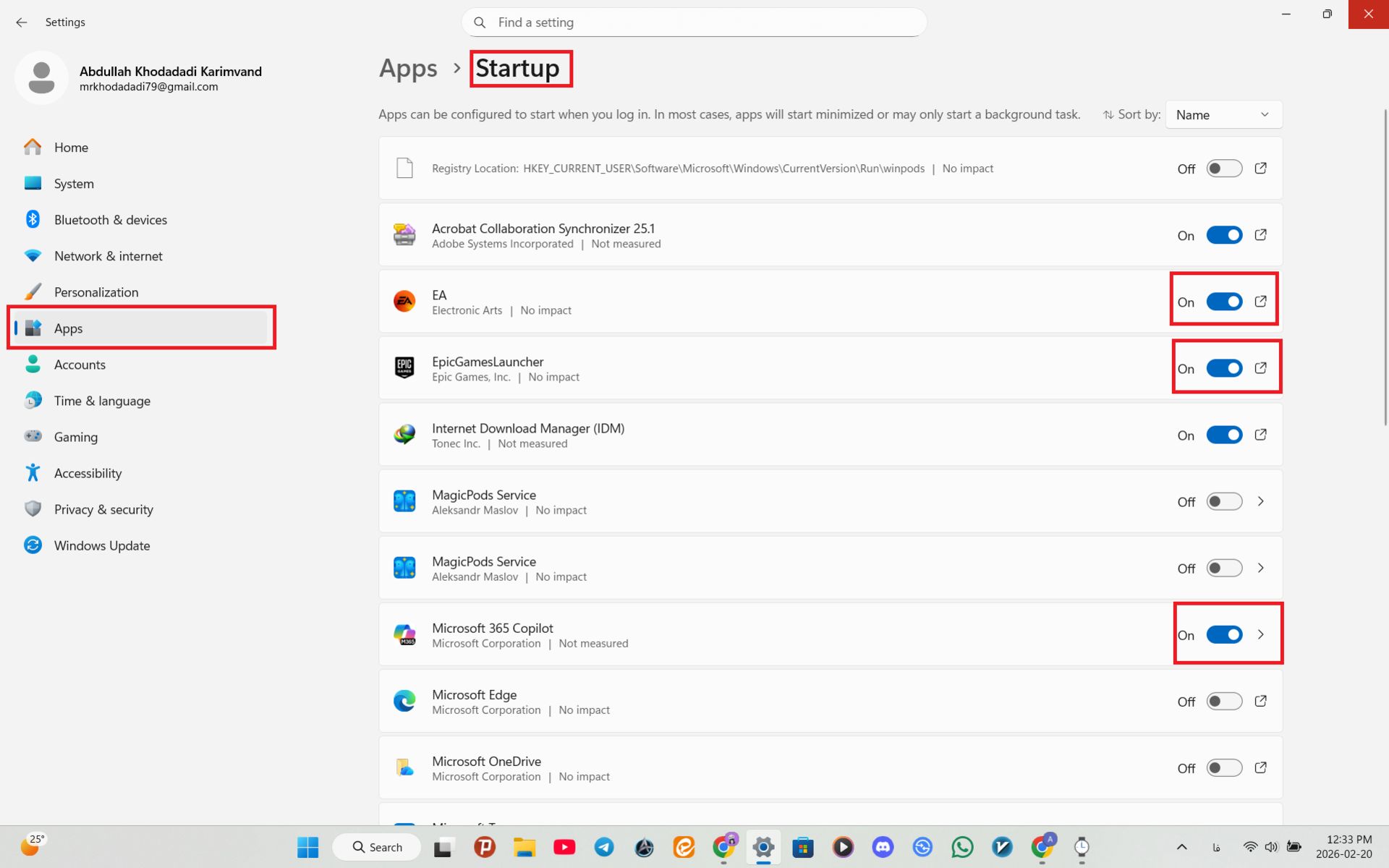 منوی Apps در بخش Startup در ویندوز 11 که به کاربر امکان غیر فعال کردن اجرای خودکار برنامه ها در هنگام اجرای ویندوز را می‌دهد و کاربر با غیر فعال کردن برخی برنامه ها به بهبود سرعت بالا آمدن ویندوز کمک می‌کند.
