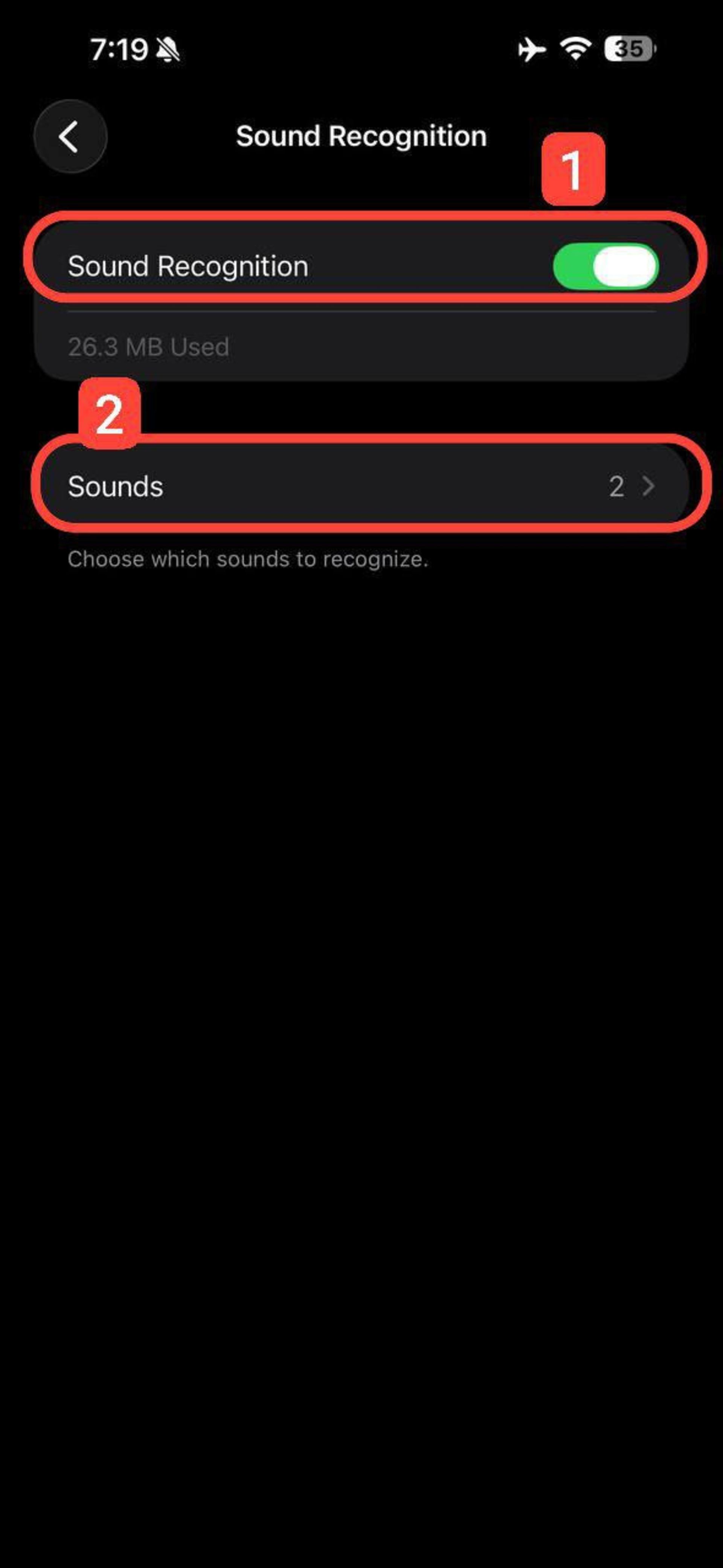 منوی Sound Recognition در آیفون که امکان شناسایی صدا‌های مختلف مانند بوق ماشین، گریه بچه به کاربر می‌دهد