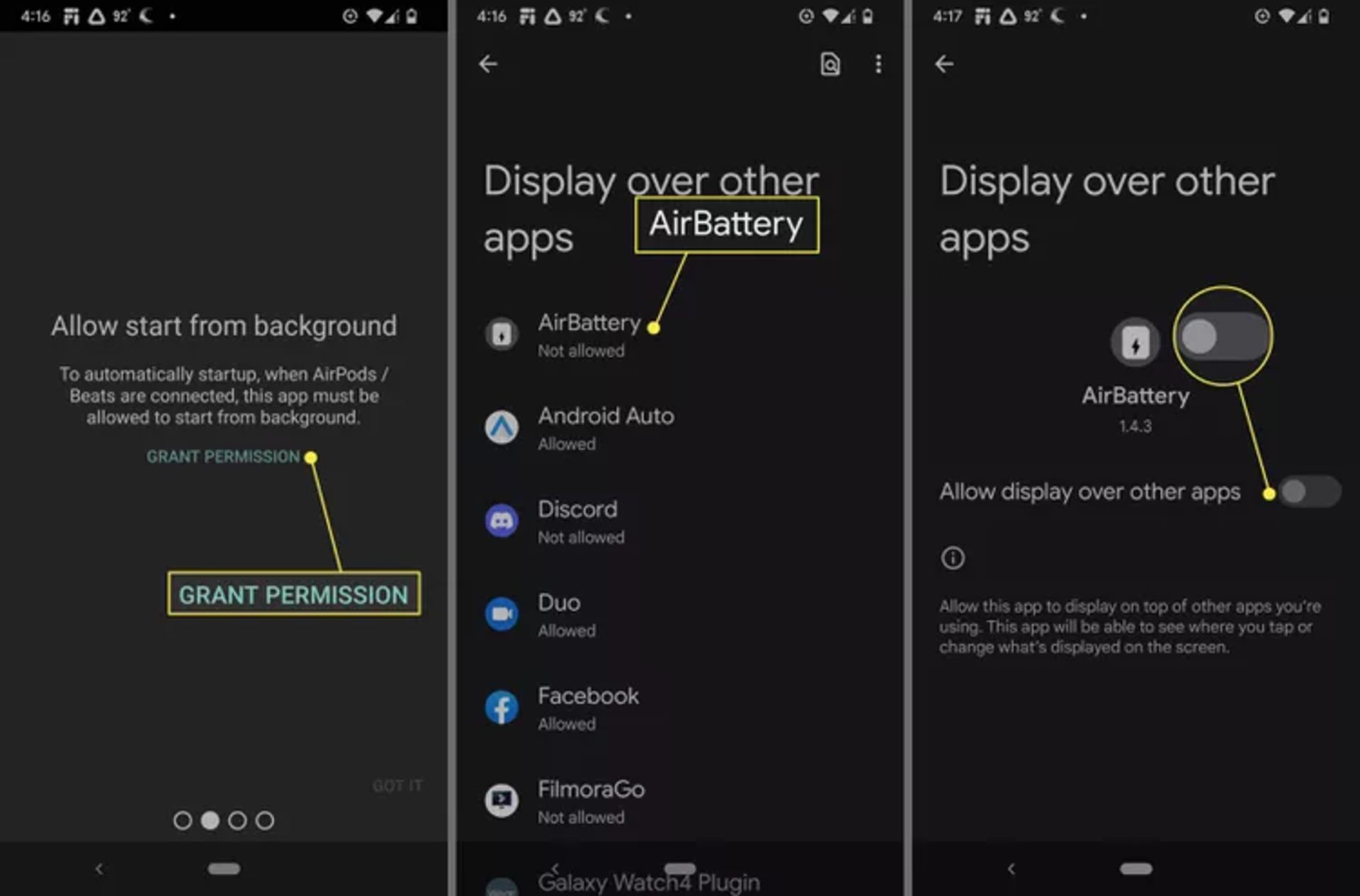 گزینه Allow display over other apps در اپلیکیشن AirBattery 