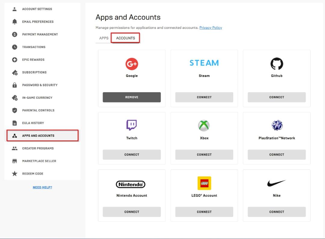 بخش Apps and Accounts در تنظیمات اکانت اپیک گیمز و انتخاب یک پلتفرم برای متصل کردن 