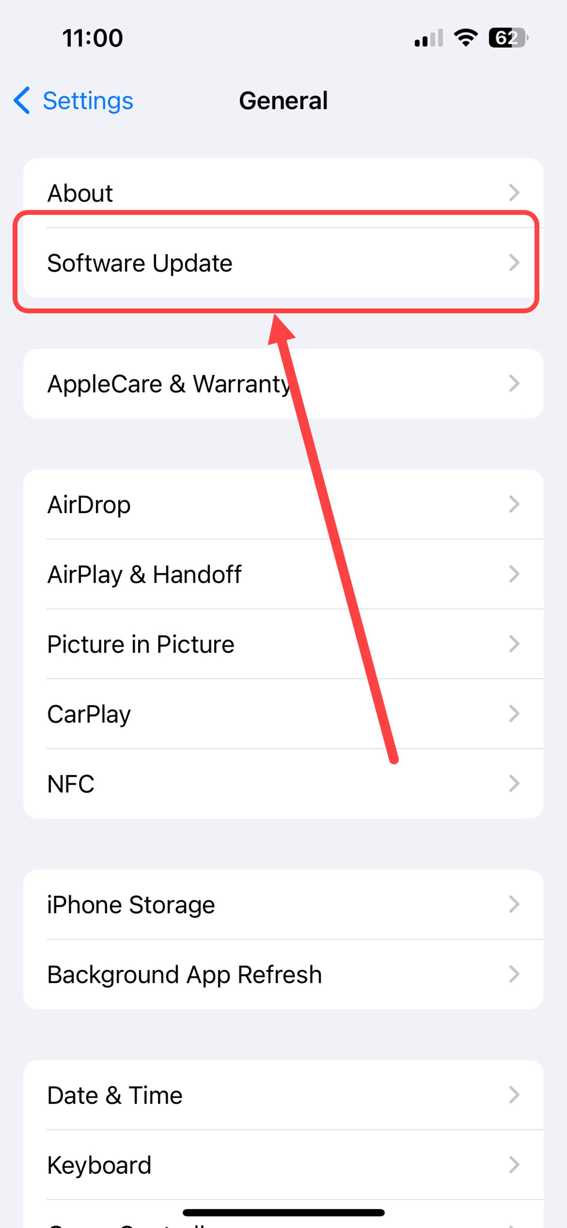 بخش به‌روزرسانی iOS  در تنظیمات آیفون
