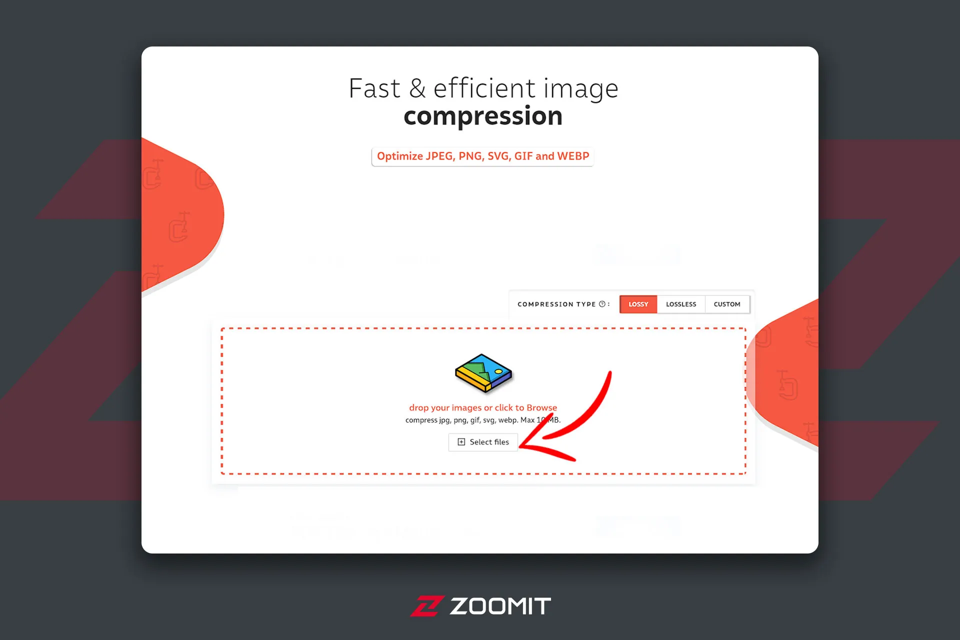 صفحه اول وب سایت Compressor و فلش قرمزی که Select Files را نشان می دهد