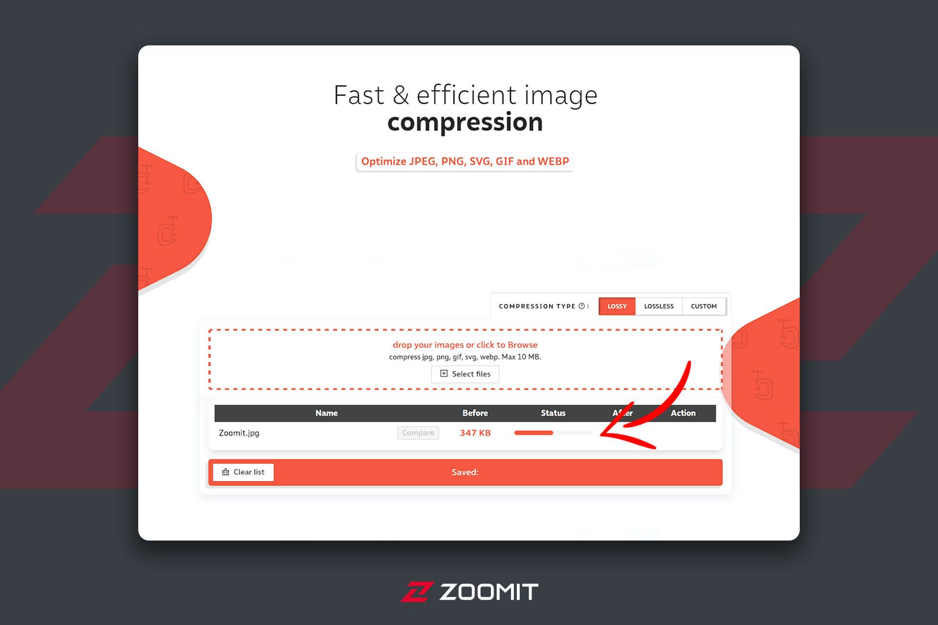 وب سایت Compressor و فایلی که در حال آپلود است