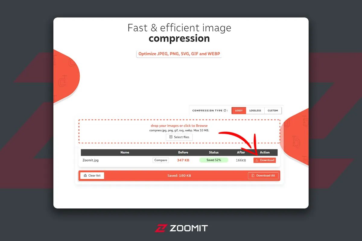 The Compressor website and the file that is ready for download and the red arrow indicates the download option