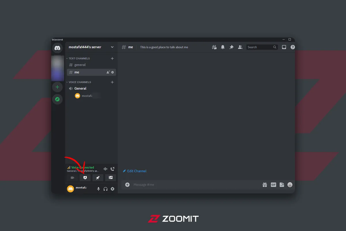 The first page of Discord in the audio channel that can be seen on the red arrow option