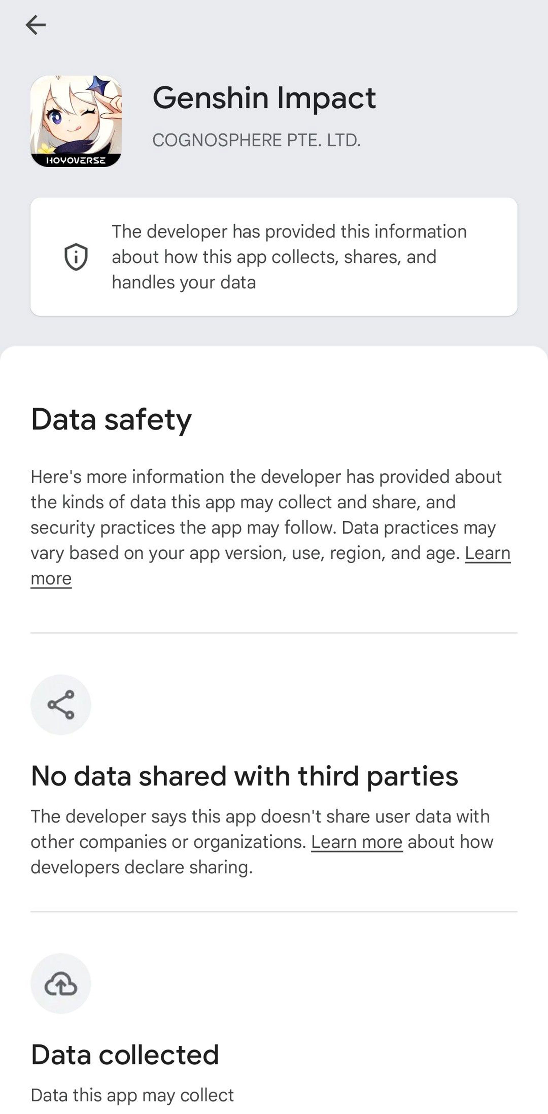 صفحه اطلاعات Data Safety بازی