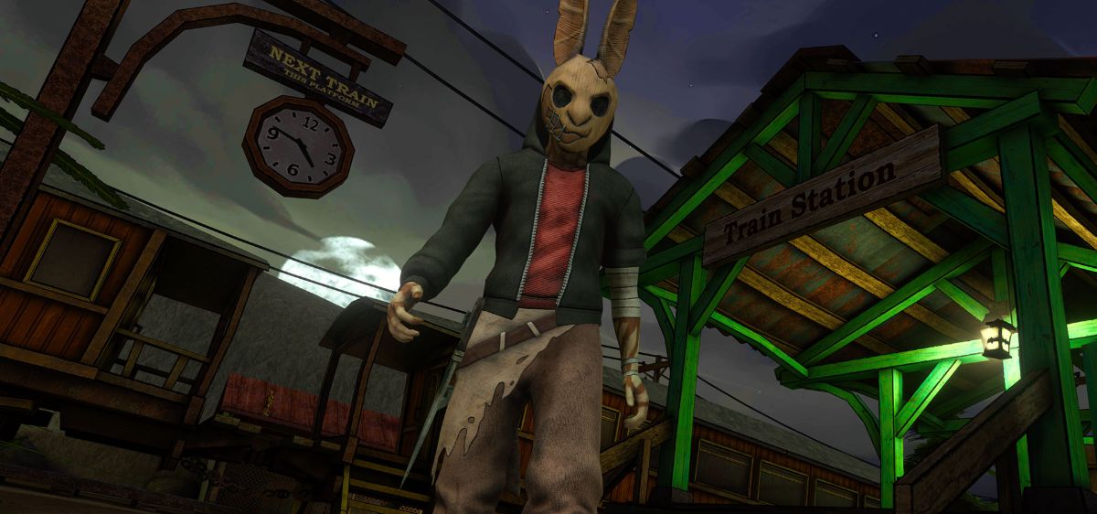 A person in a rabbit mask moving towards the camera