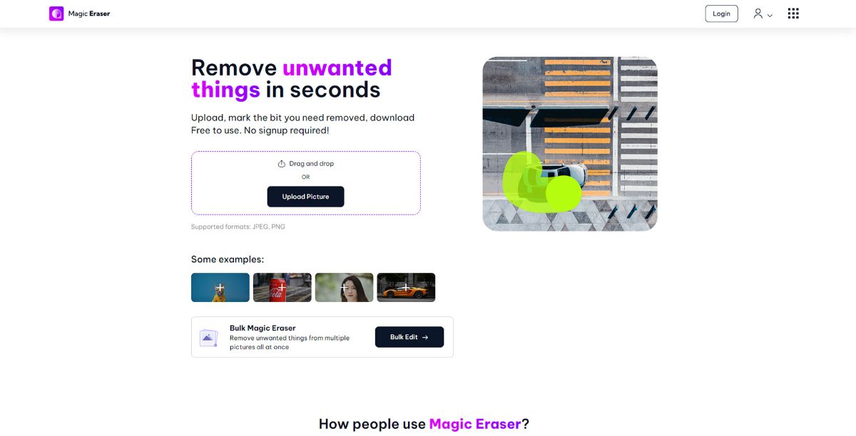 Magic Eraser home page showing the subject being removed from the image