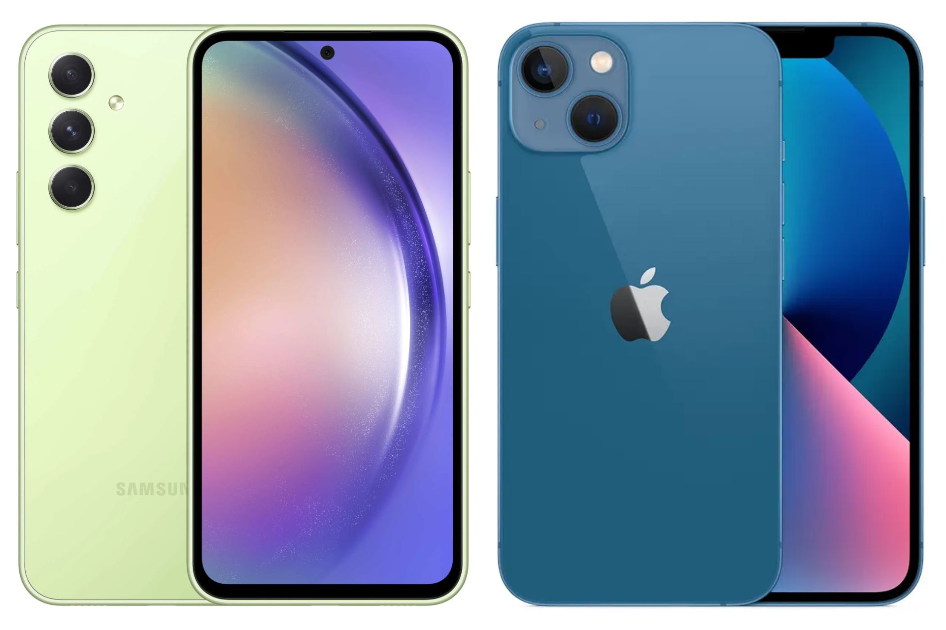 نمایشگر و پنل پشتی دو گوشی آیفون ۱۳ و گلکسی ای ۵۴ 