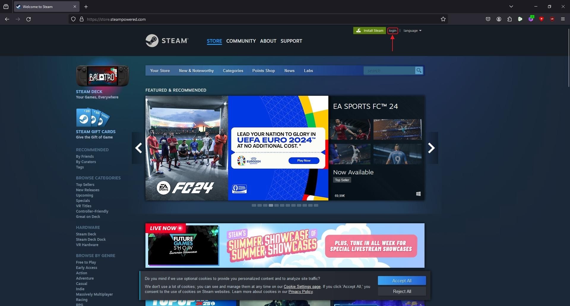 The main page of the Steam website and the highlighted Login option