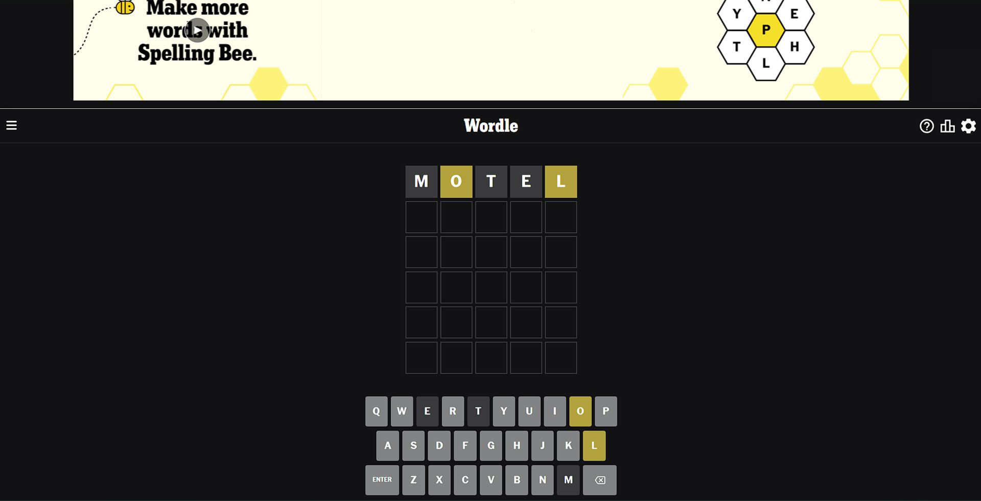 صفحه اصلی سایت Wordle که کیبورد کلمات و باکس خالی را نشان میدهد