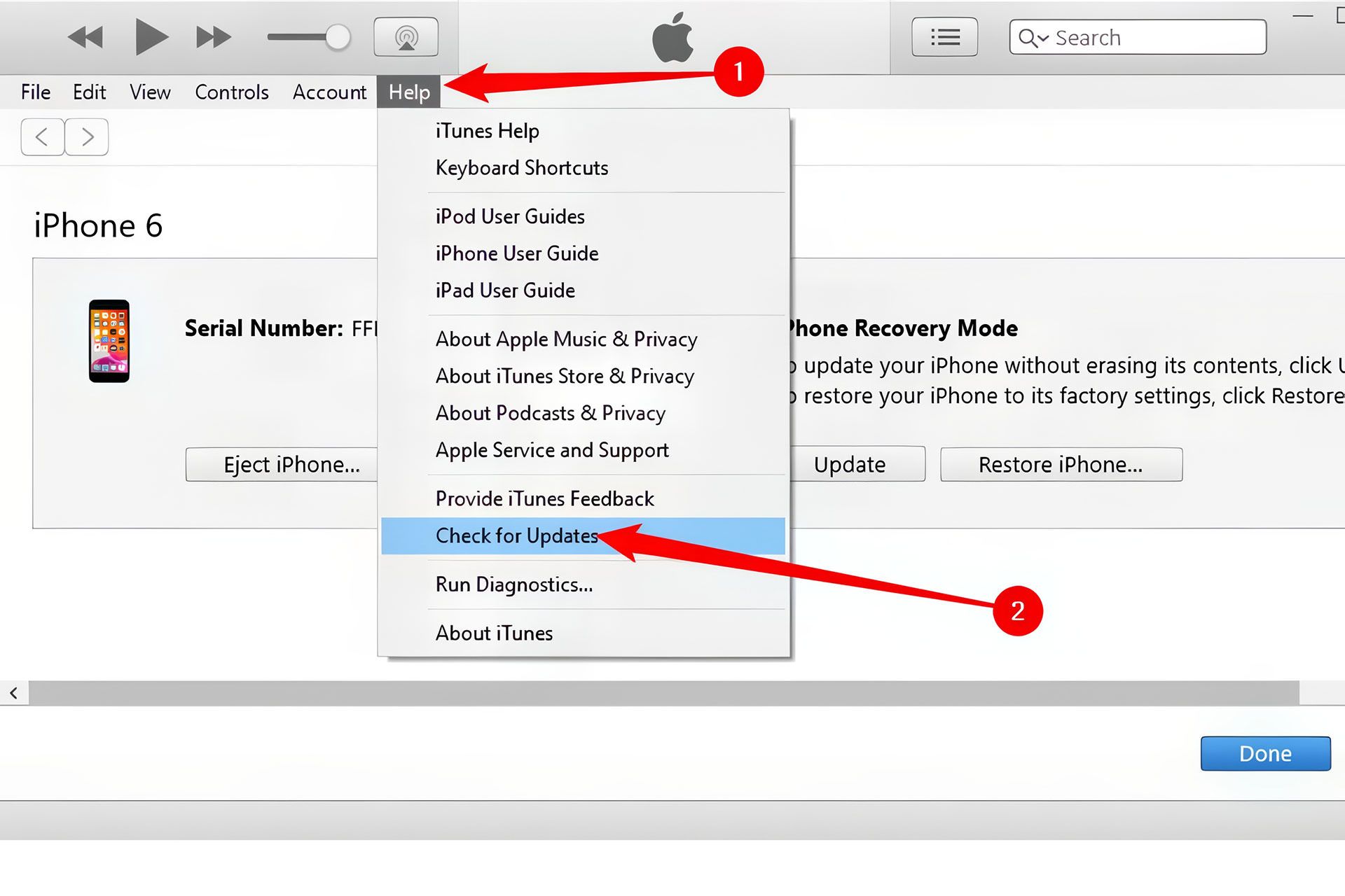 انتخاب گزینه‌ی check for updates برای بررسی بروزرسانی‌های iTunes