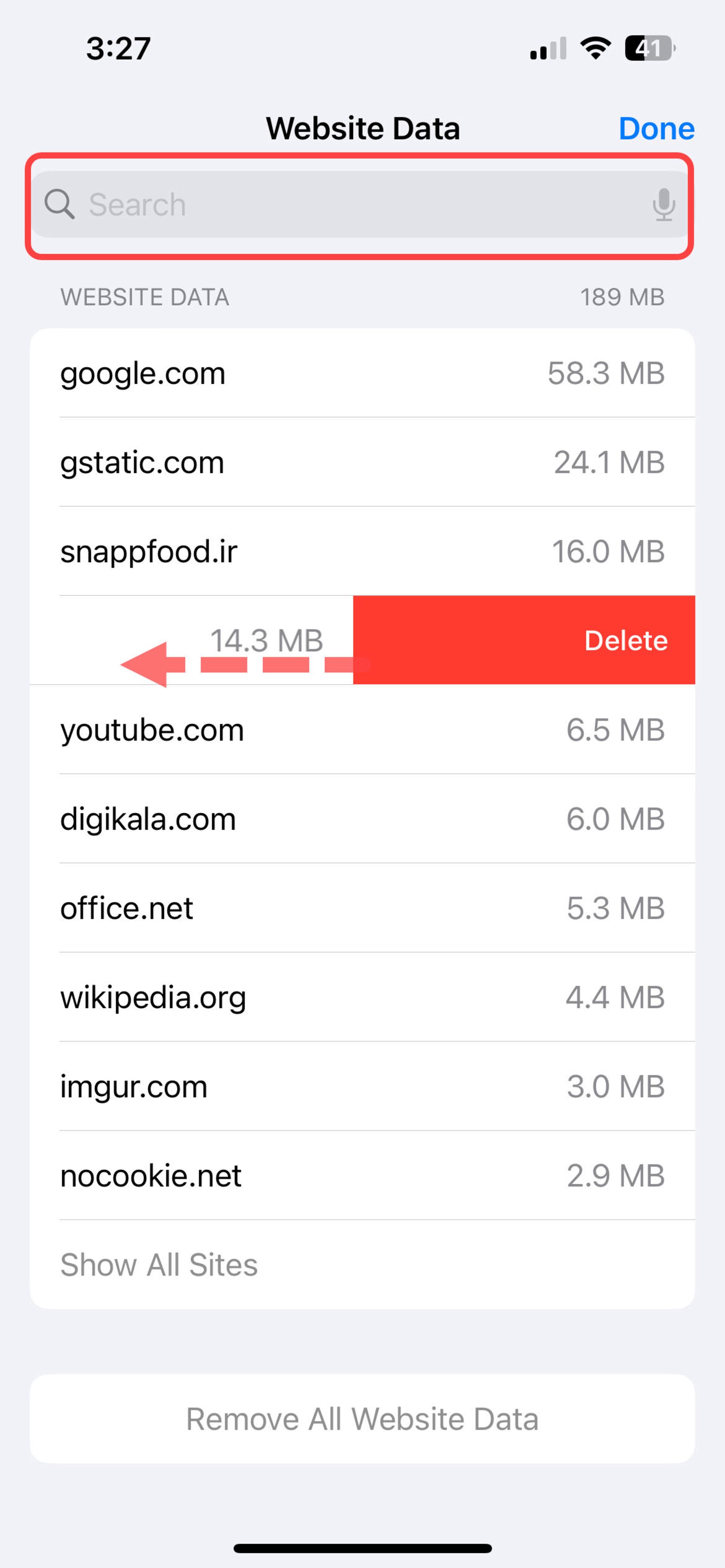 حذف داده‌های وب‌سایت در محیط iOS