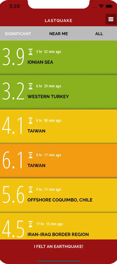 A page full of information about different earthquakes in different colors