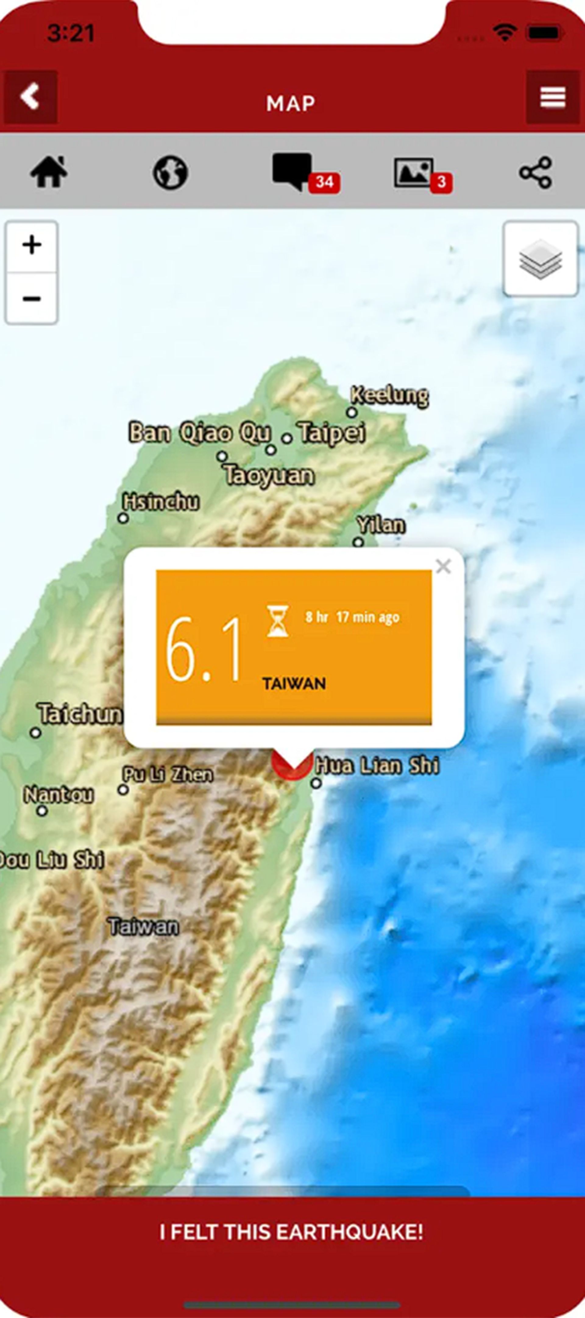 قسمتی از نقشه زمین و اطلاعات مربوط به زلزله ای در آن بخش