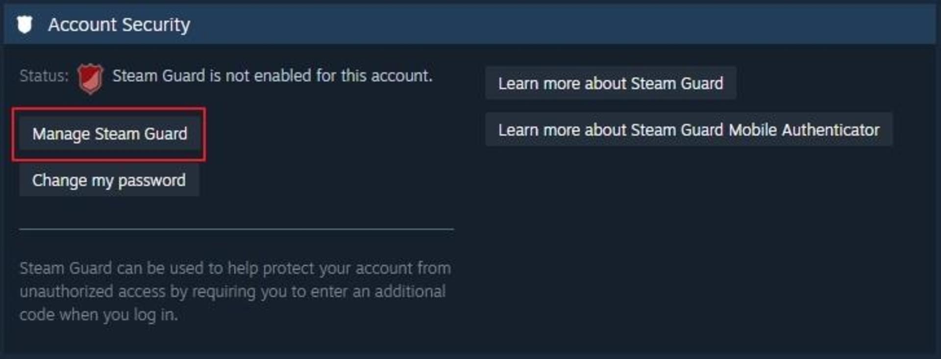 بخش Account Security غیرفعال بودن استیم گارد و هایلایت بودن گزینه‌ی Manage Stam Guard