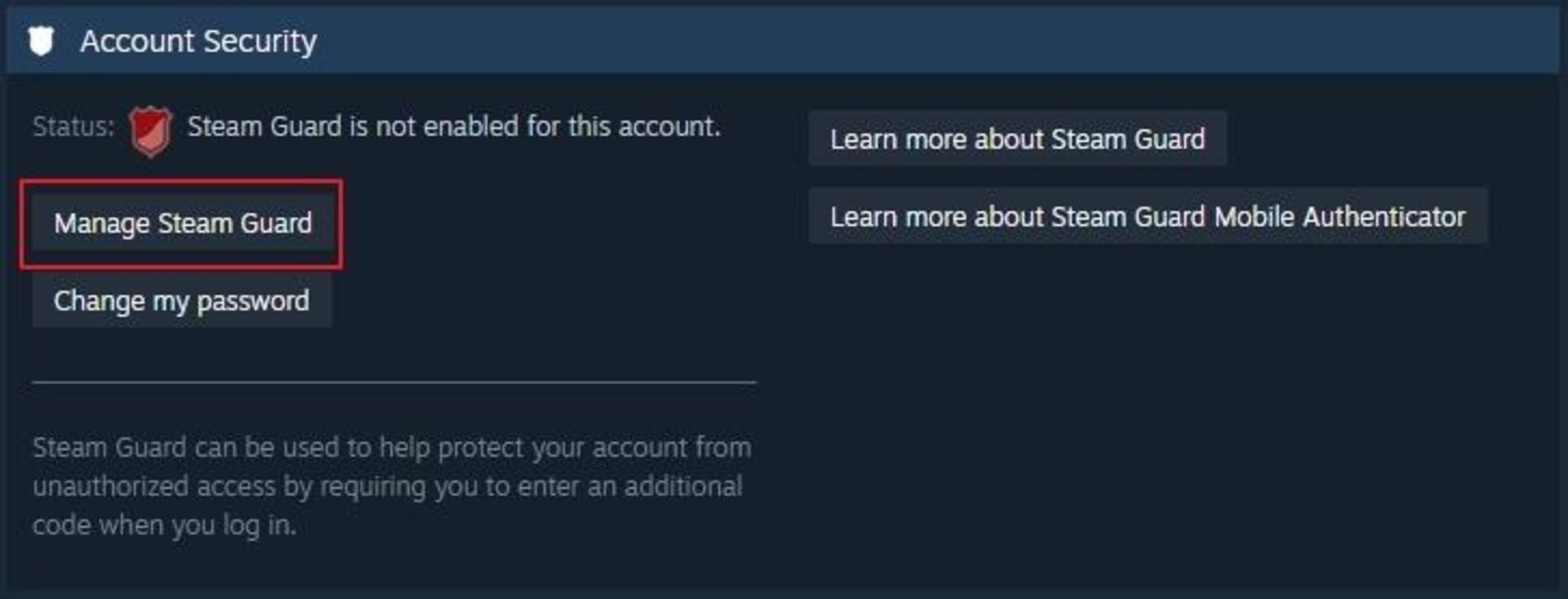 In the Account Security section, Steam Guard is disabled and the Manage Stam Guard option is highlighted