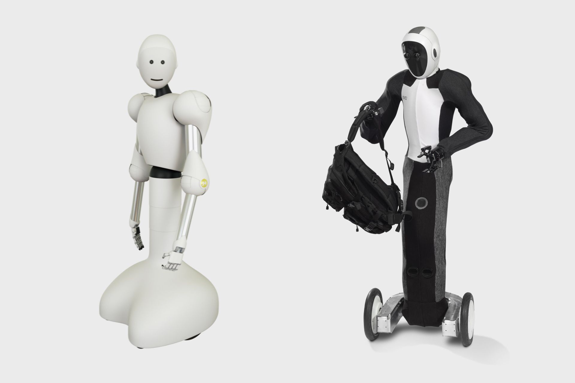 ربات انسان نمای EVE که در دو حالت با لباس و بدون لباس دیده می شود