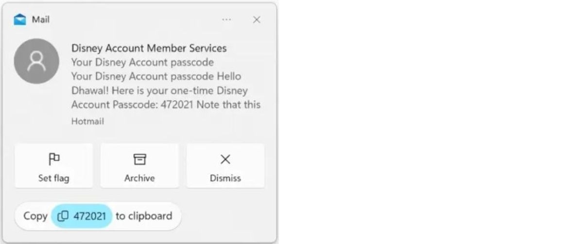 اعلان‌های جدید ویندوز ۱۱ با قابلیت کپی کردن کد امنیتی
