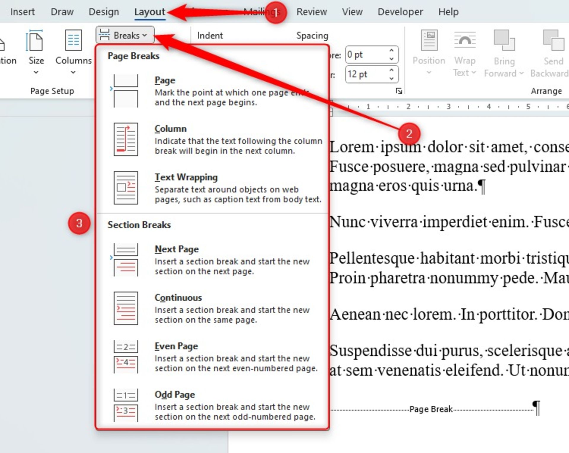 گزینه‌های مربوط به Break-ها در ورد