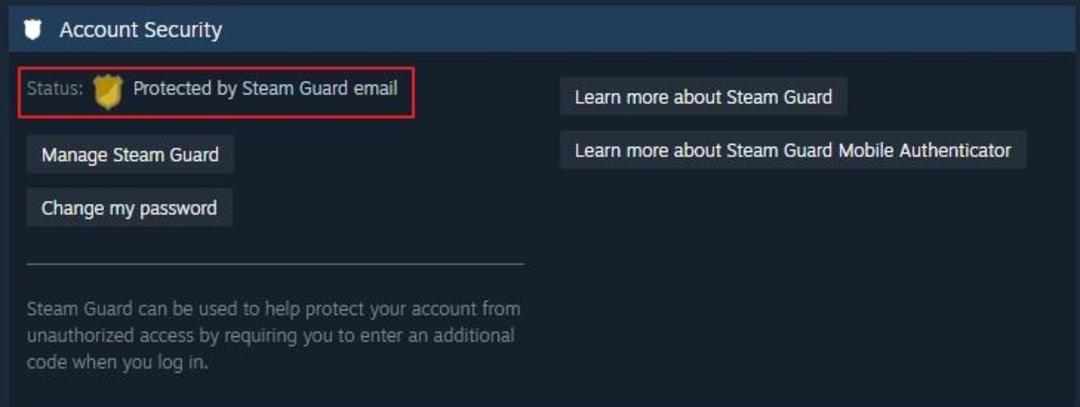 قسمت Account Security و فعال بودن استیم گارد