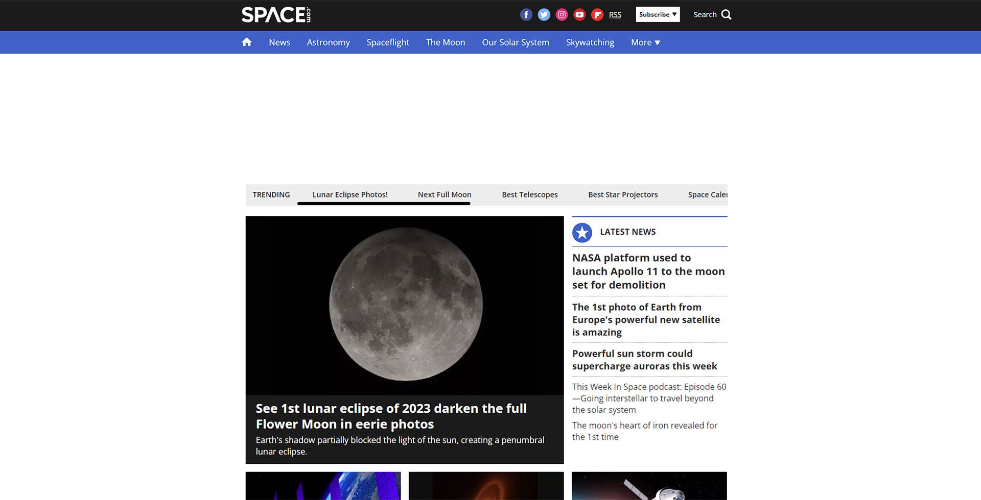 تصویری از ماه در صفحه اصلی سایت Space.com