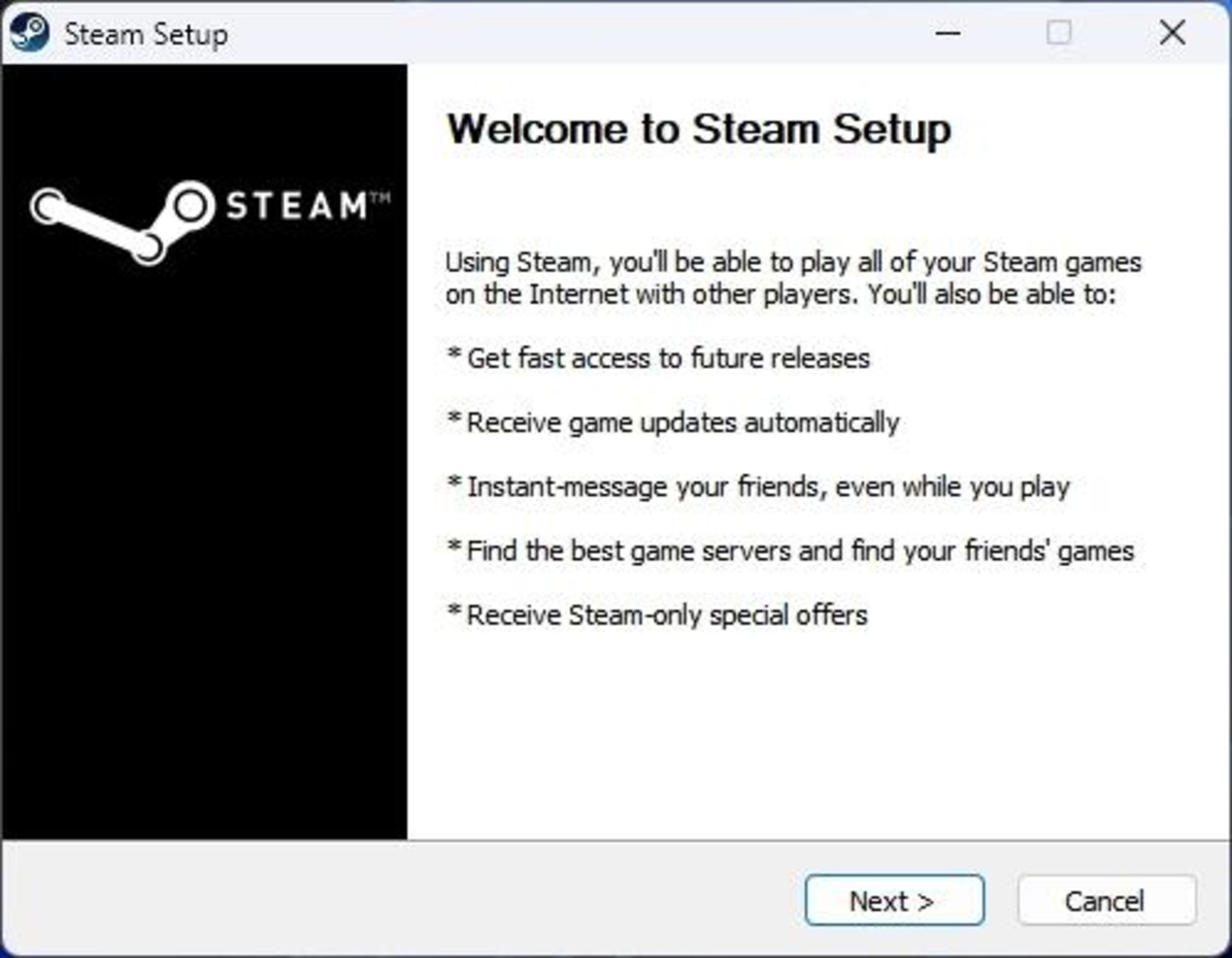 The initial screen of the Steam software installer on Windows