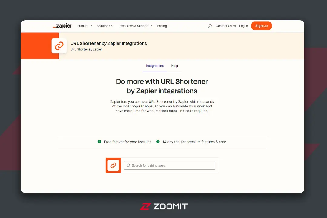 صفحه اول سایت zapier و باکس کوتاه کردن لینک