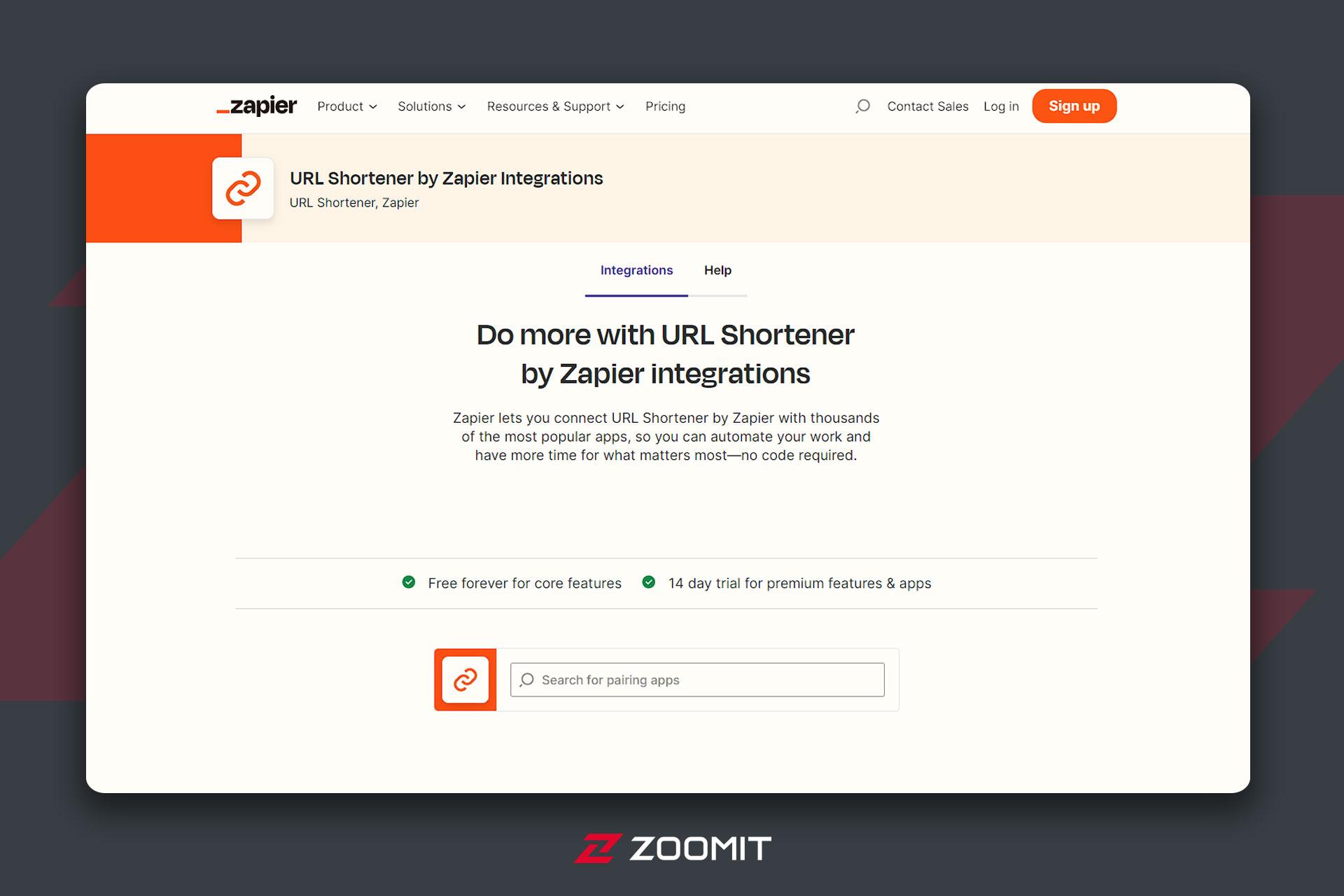 صفحه اول سایت zapier و باکس کوتاه کردن لینک
