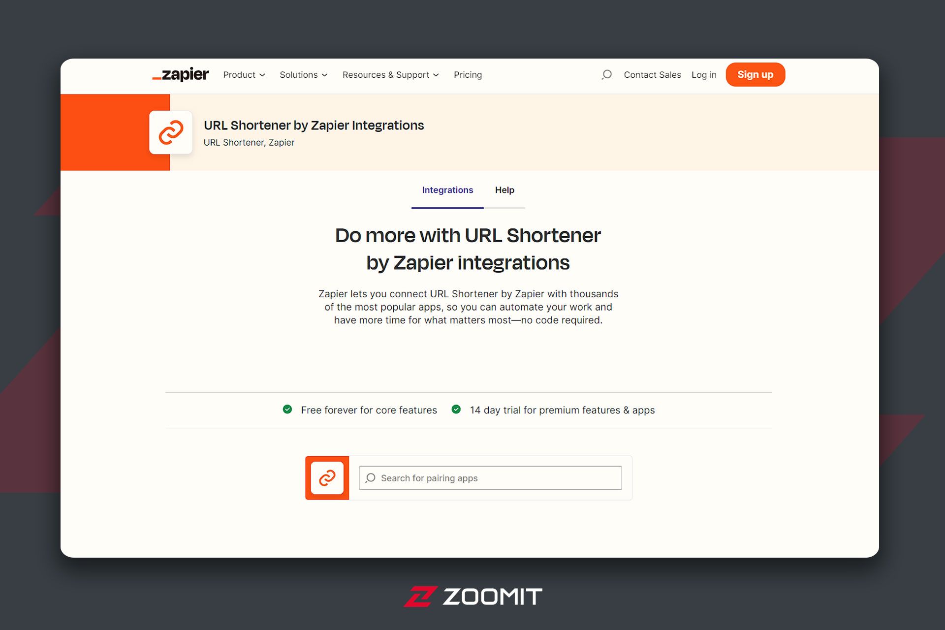 صفحه اول سایت zapier و باکس کوتاه کردن لینک
