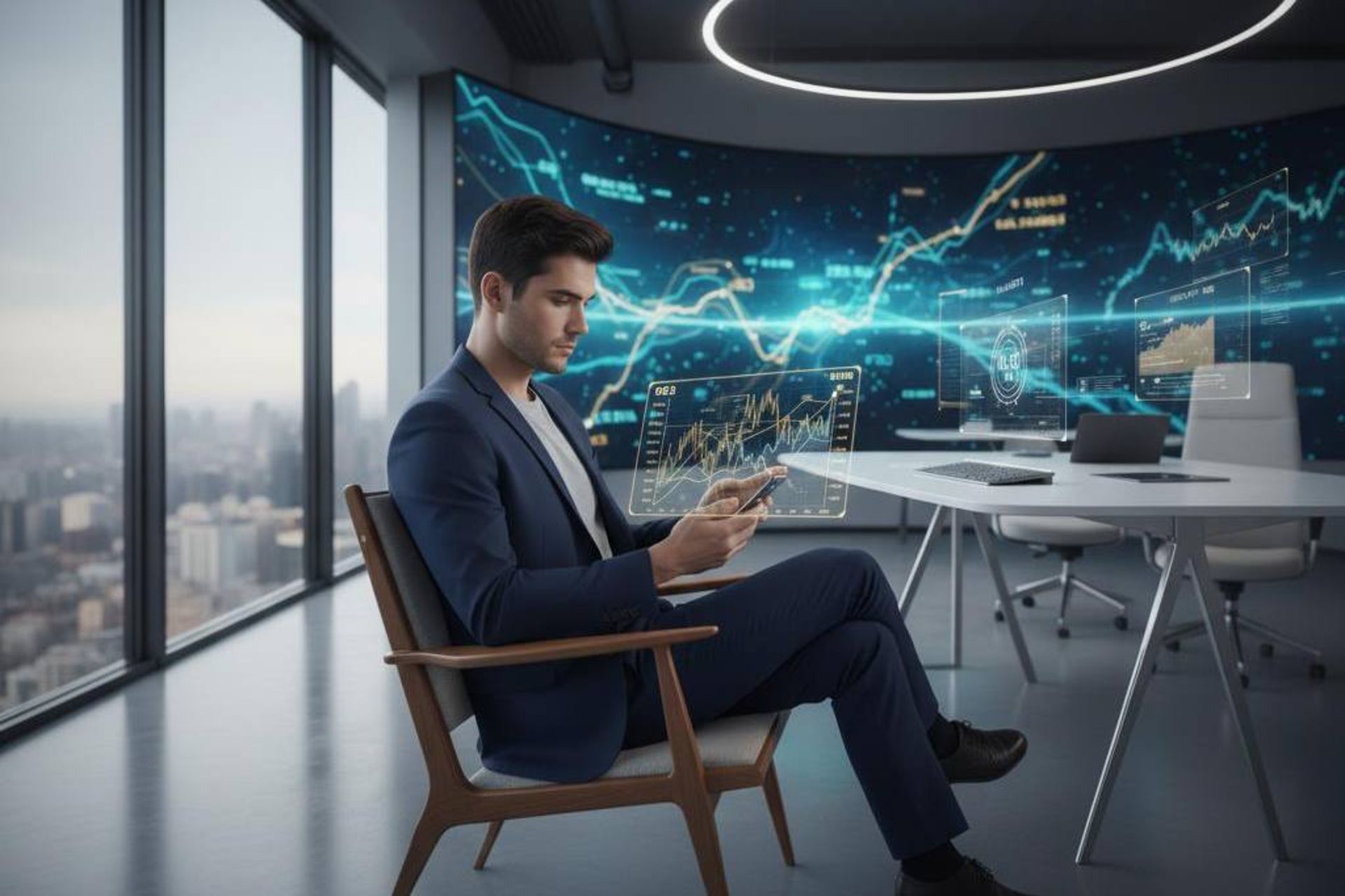 یک سرمایه‌گذار جوان در حال تحلیل نمودارهای رشد طلا و نقره بر روی صفحه نمایش گوشی هوشمند خود در یک فضای مدرن و دیجیتال.