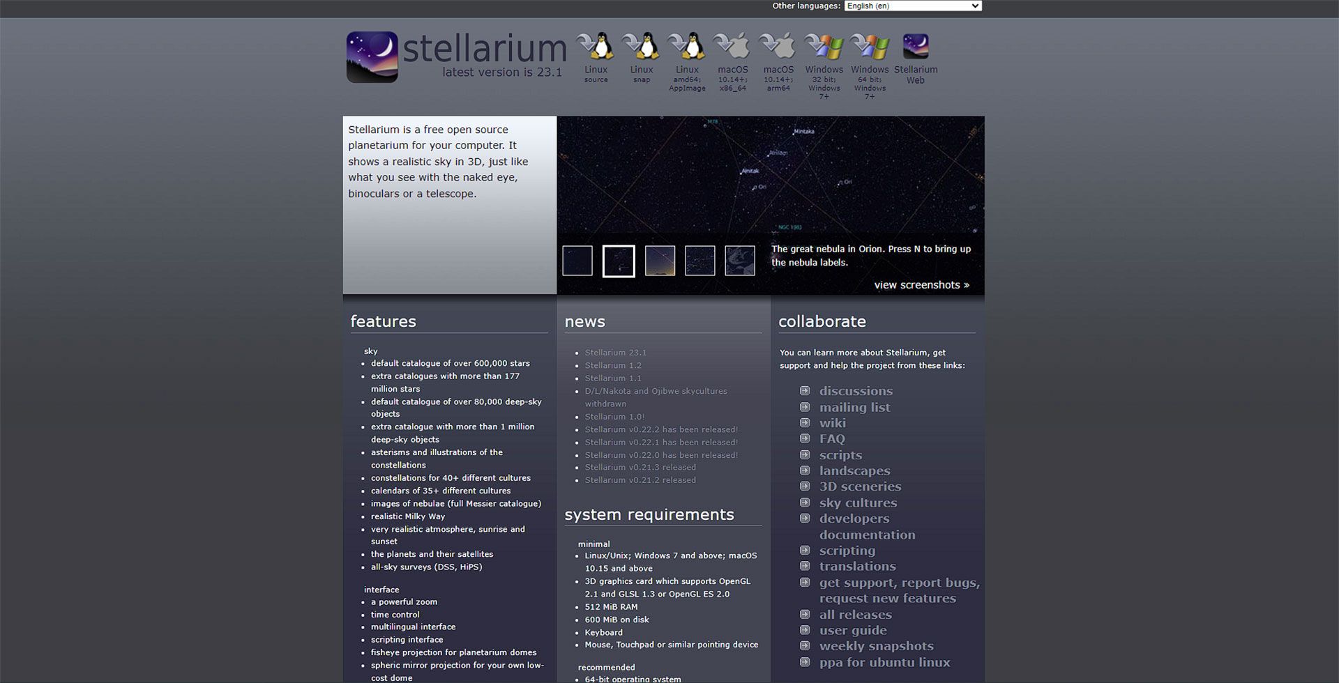 صفحه سایت Stellarium مملو از اطلاعات و تصاویر مربوط به نجوه