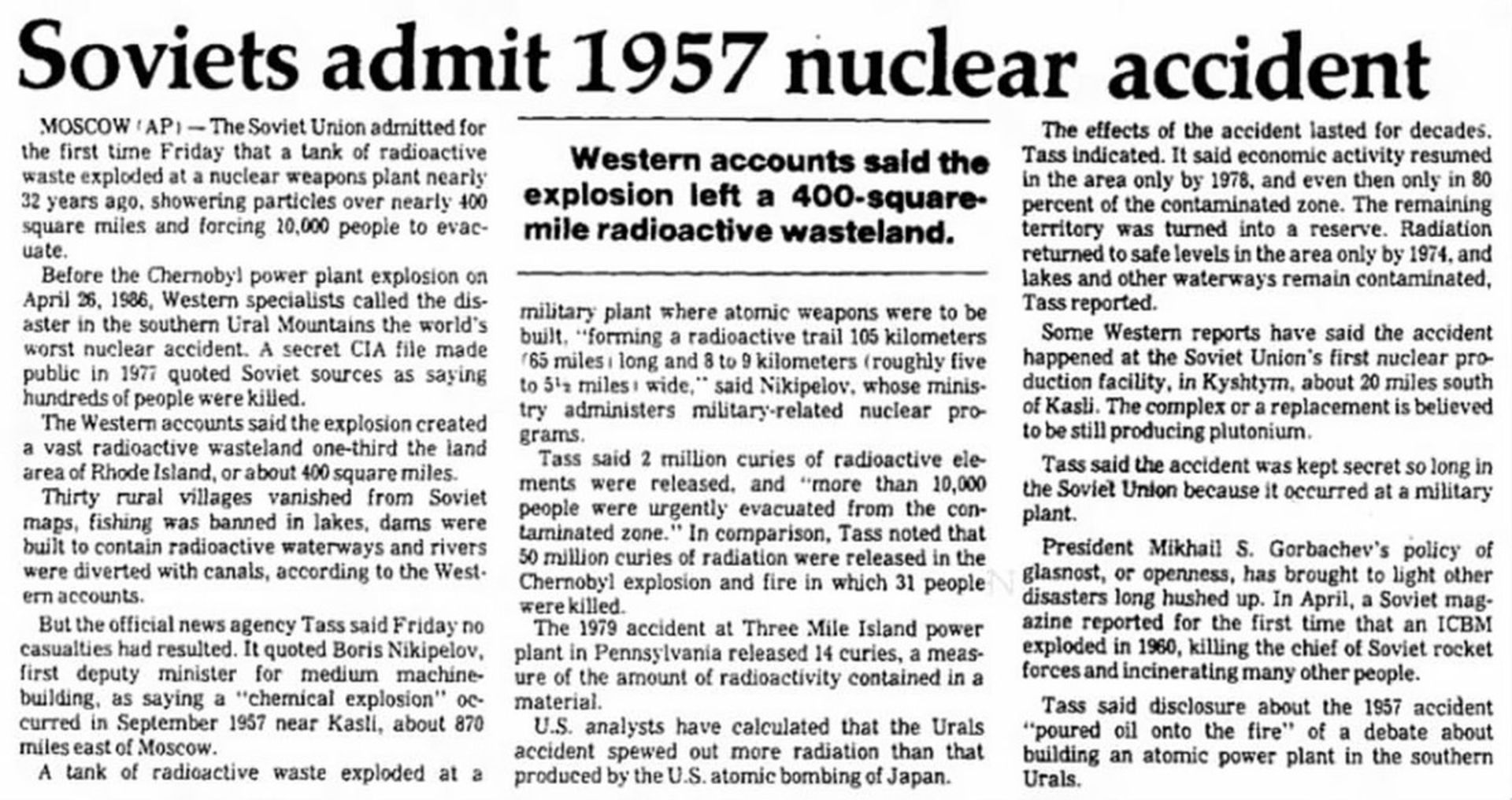 روزنامه‌ای می‌نویسد مقامات روسیه انفجار اتمی کیشتیم را پذیرفته‌اند