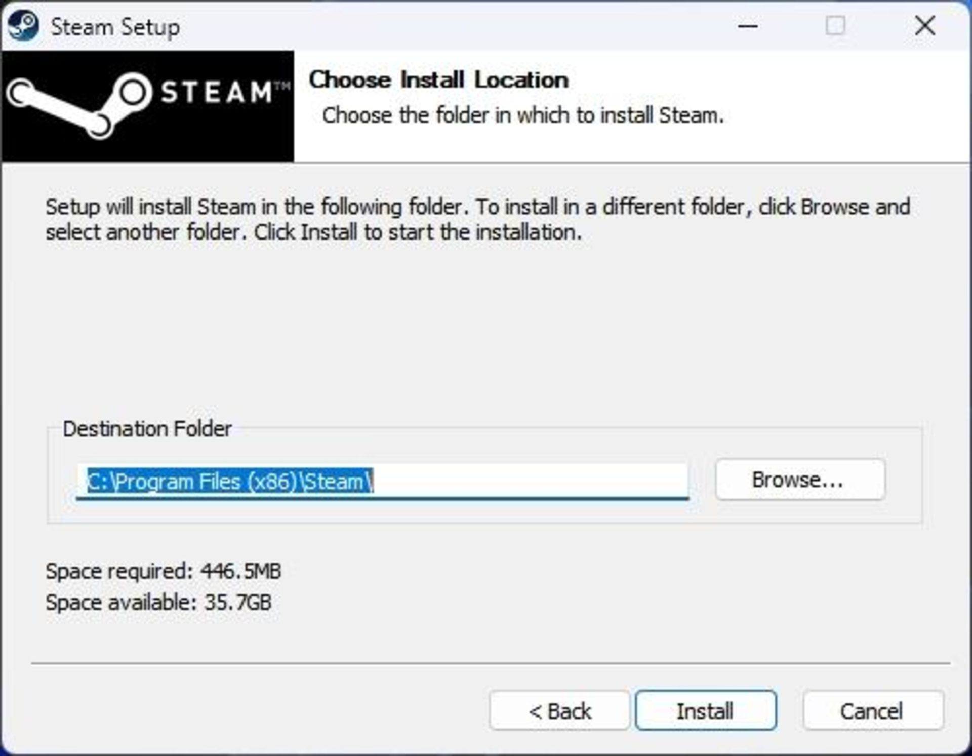 Choosing the place to install Steam in the installer to install Steam in Windows