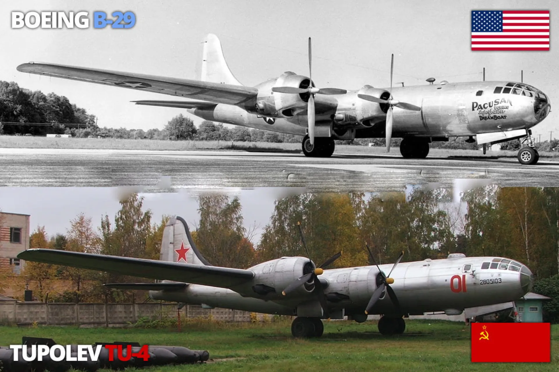 هواپیمای  B-29 آمریکا در بالا و توپولوف Tu-4 شوروی در پایین