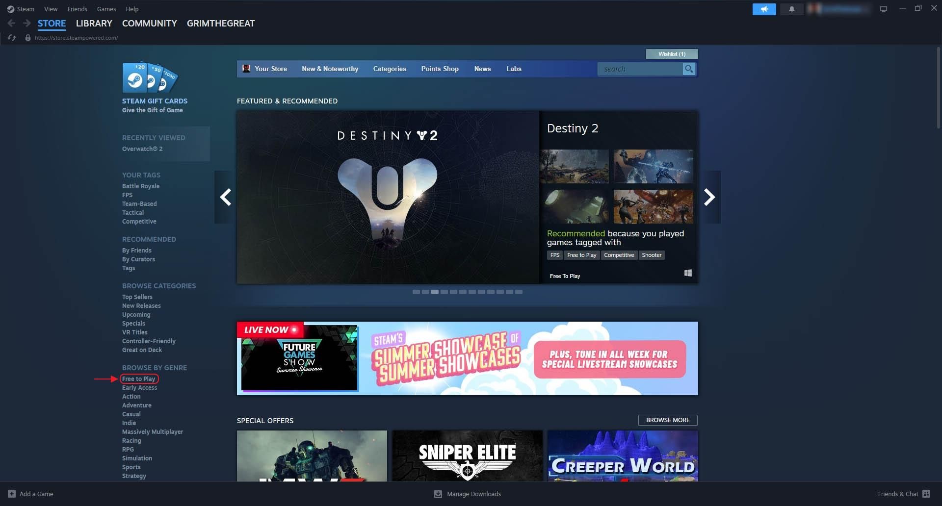 The main page of Steam and the highlight of the Free To Play option