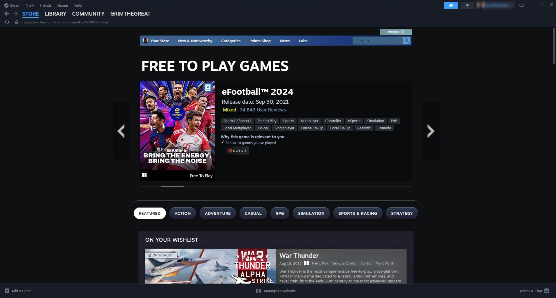 Free To Play games page on Steam