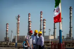 سه مرد در حال صحبت روبروی تجهیزات صنعت نفت ایران