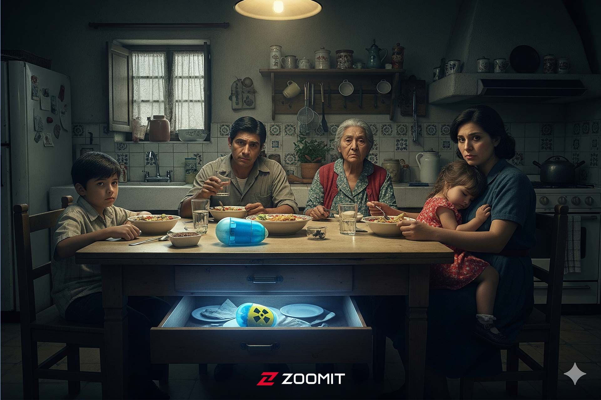 تصویرسازی از افراد خانواده داخل آشپزخانه و کپسولی رادیواکتیو درون کابینت