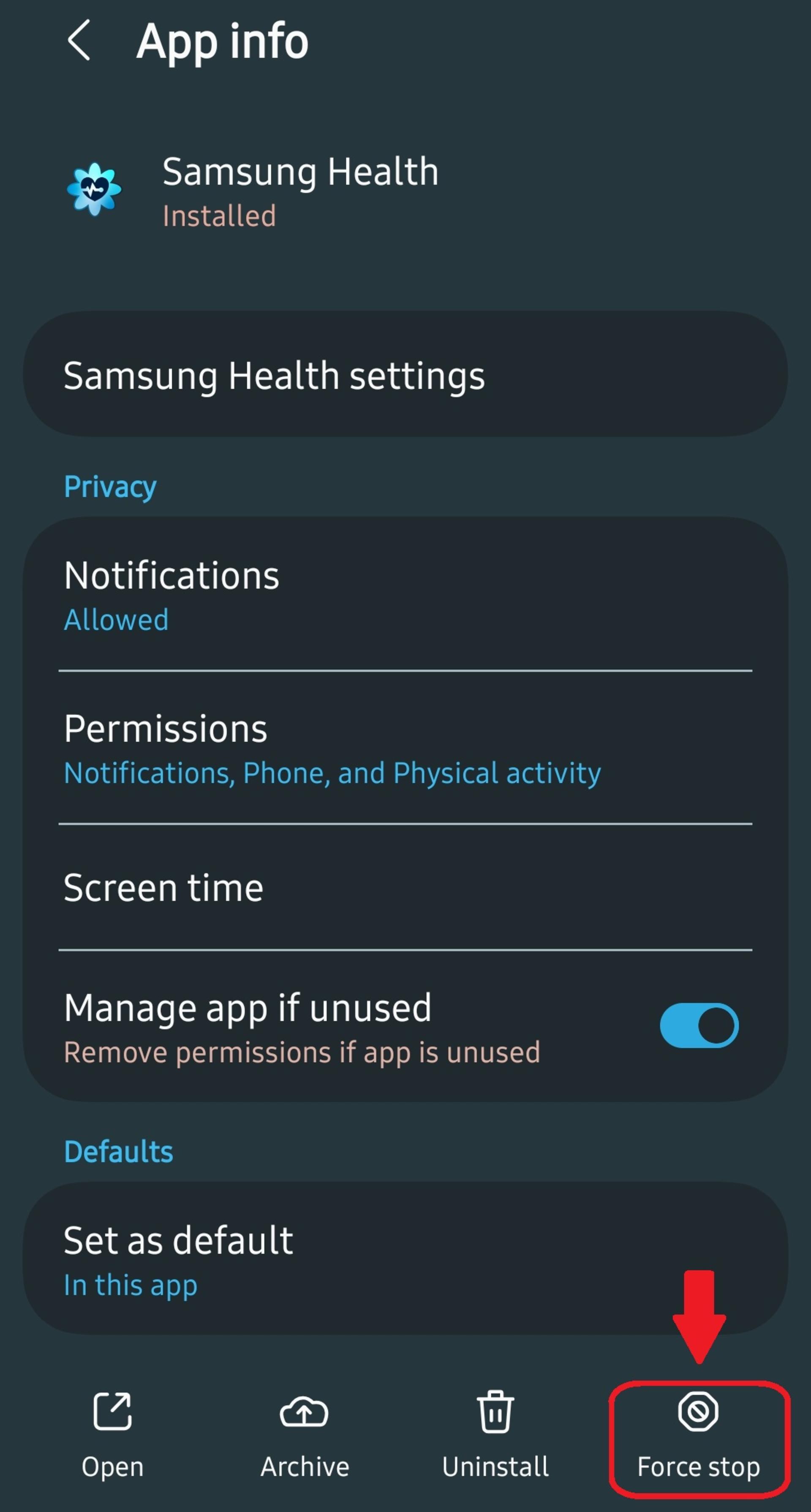 خاموش‌کردن Samsung Health