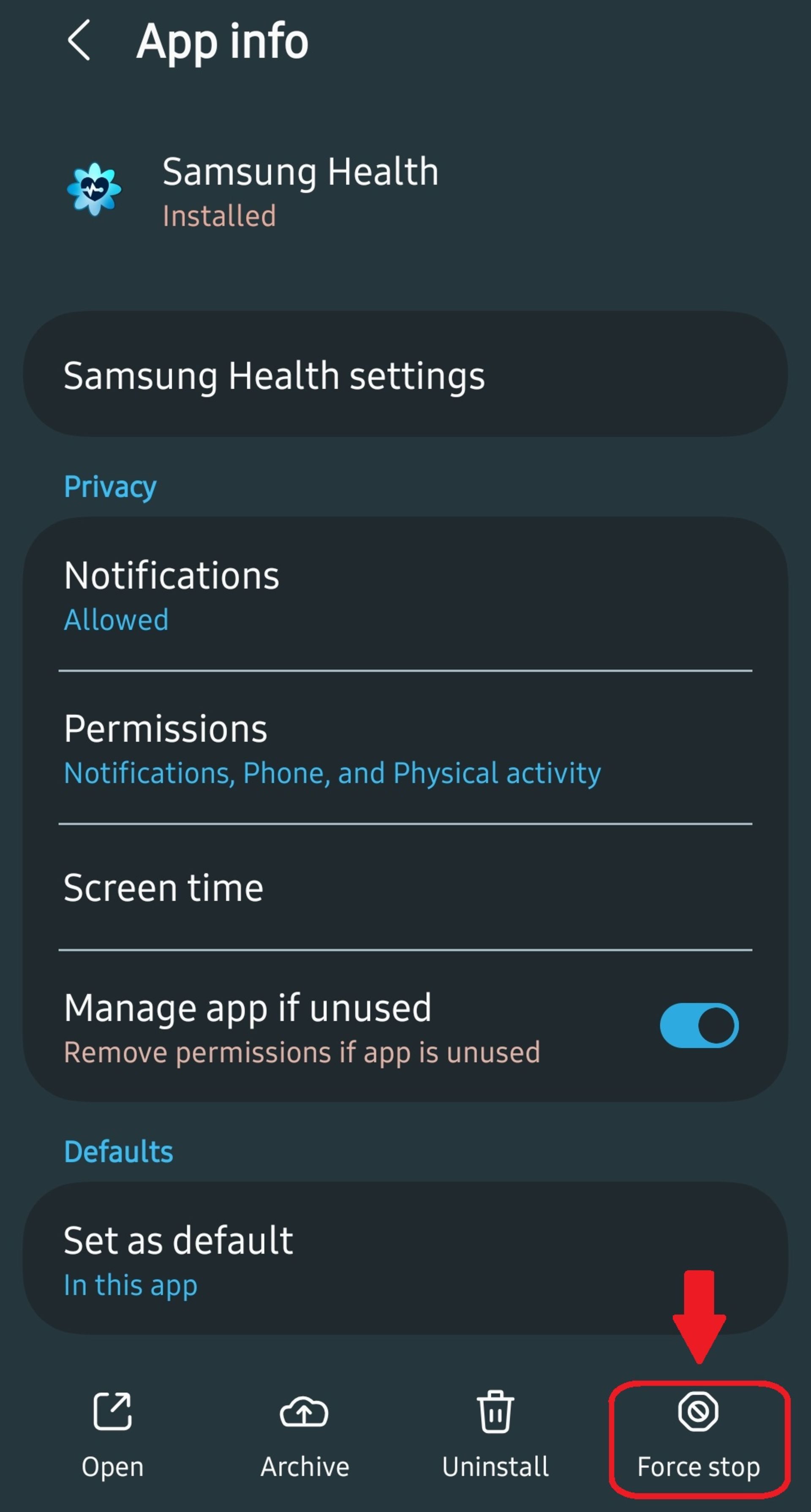 خاموش‌کردن Samsung Health