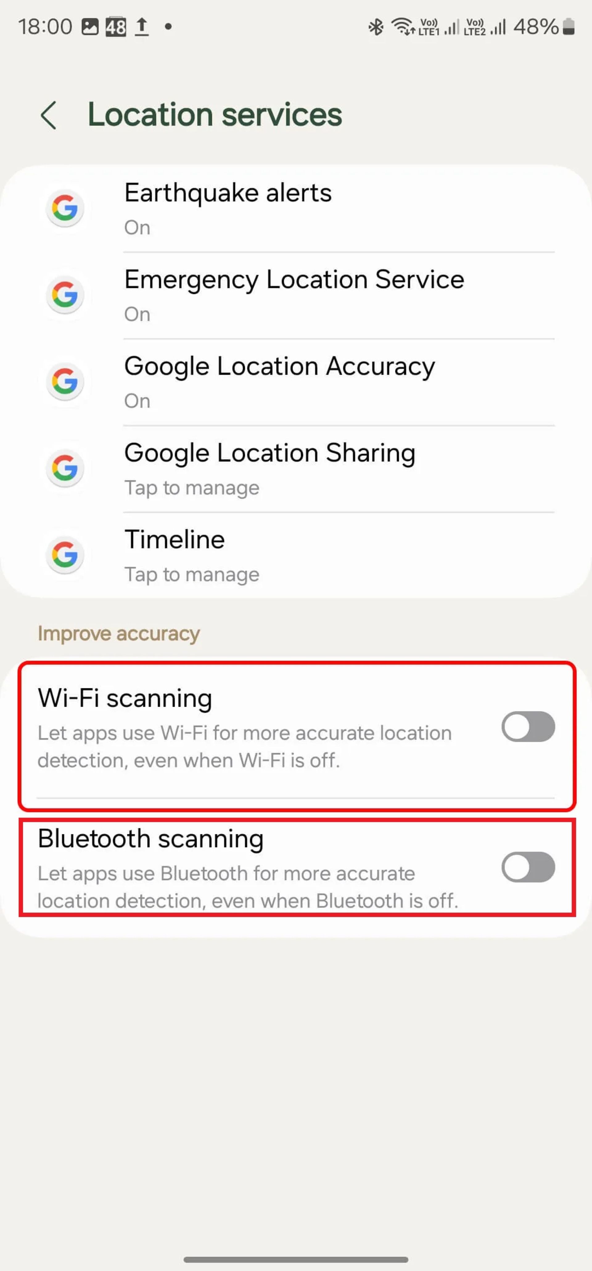 خاموش‌کردن Wi-Fi scanning و Bluetooth scanning