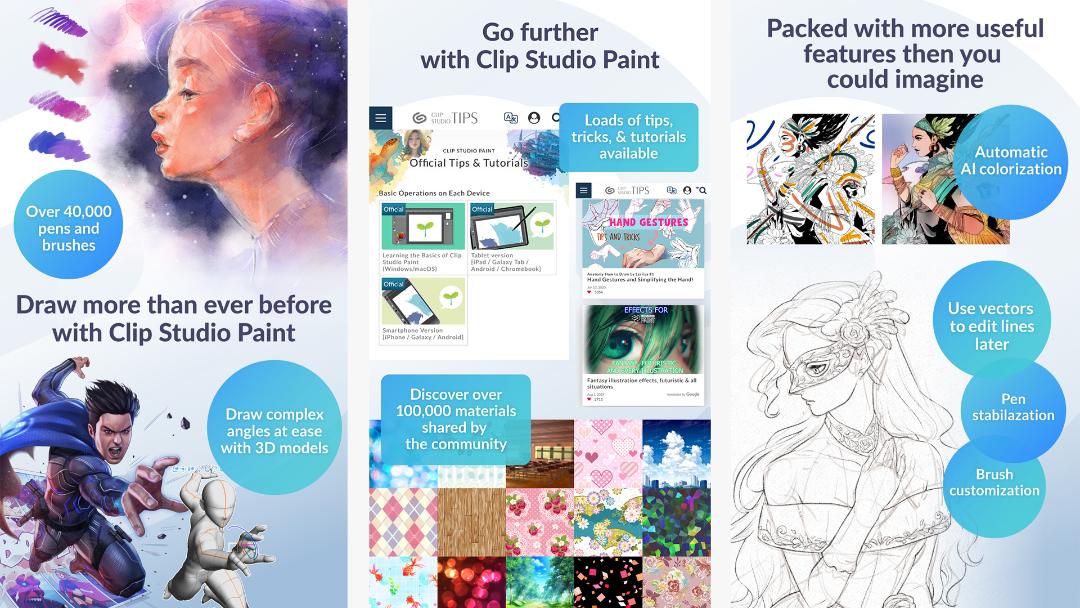 اسکرین شات های معرفی محیط کاربری اپ Clip Studio با نشان دادن قابلیت های آن