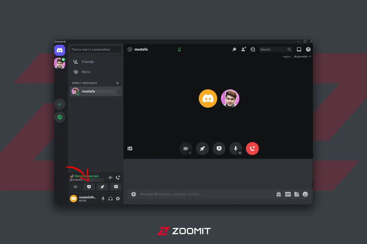 The first contact page in Discord, which can be seen on a red arrow option
