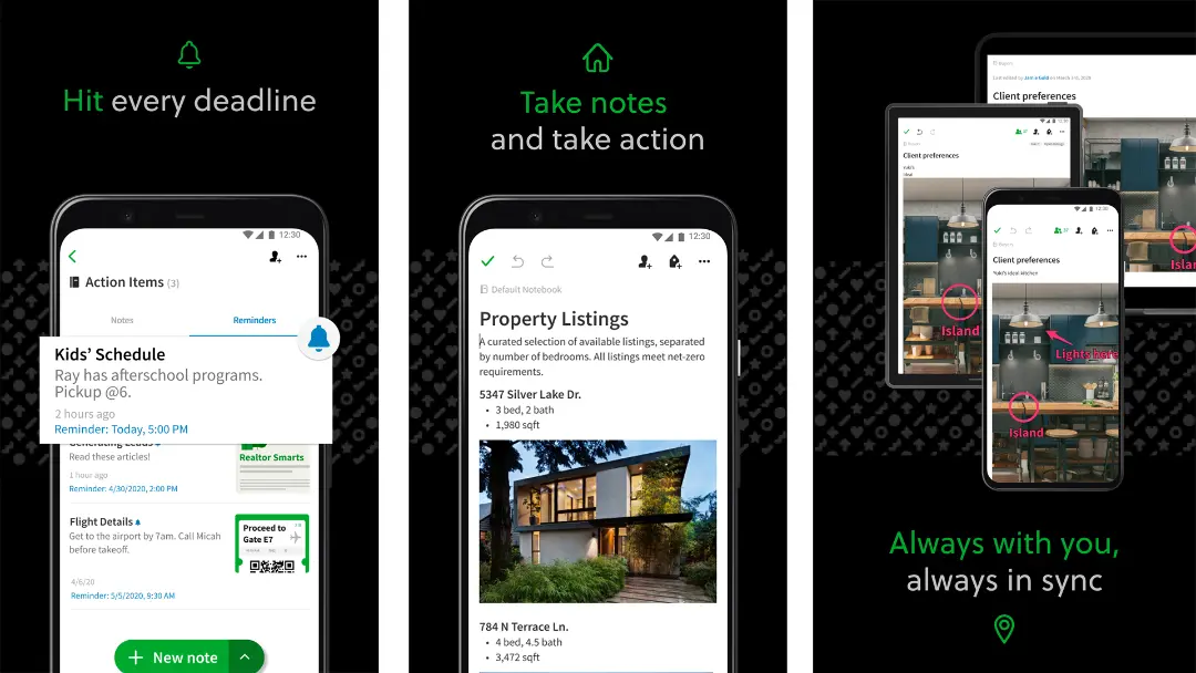 اسکرین شات محیط کاربری اپ evernote و قابلیت‌های مختلف آن