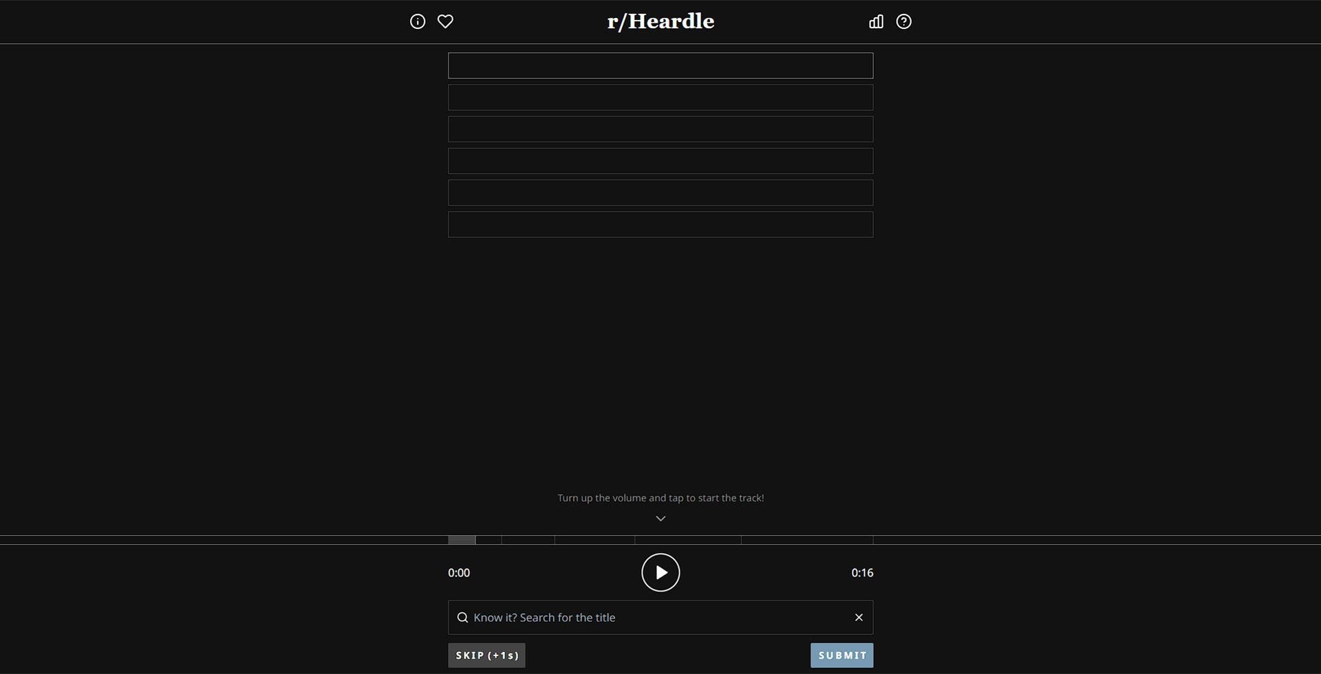 صفحه اصلی سایت heardle که کیبورد کلمات و چندین باکس را نشان می‌دهد