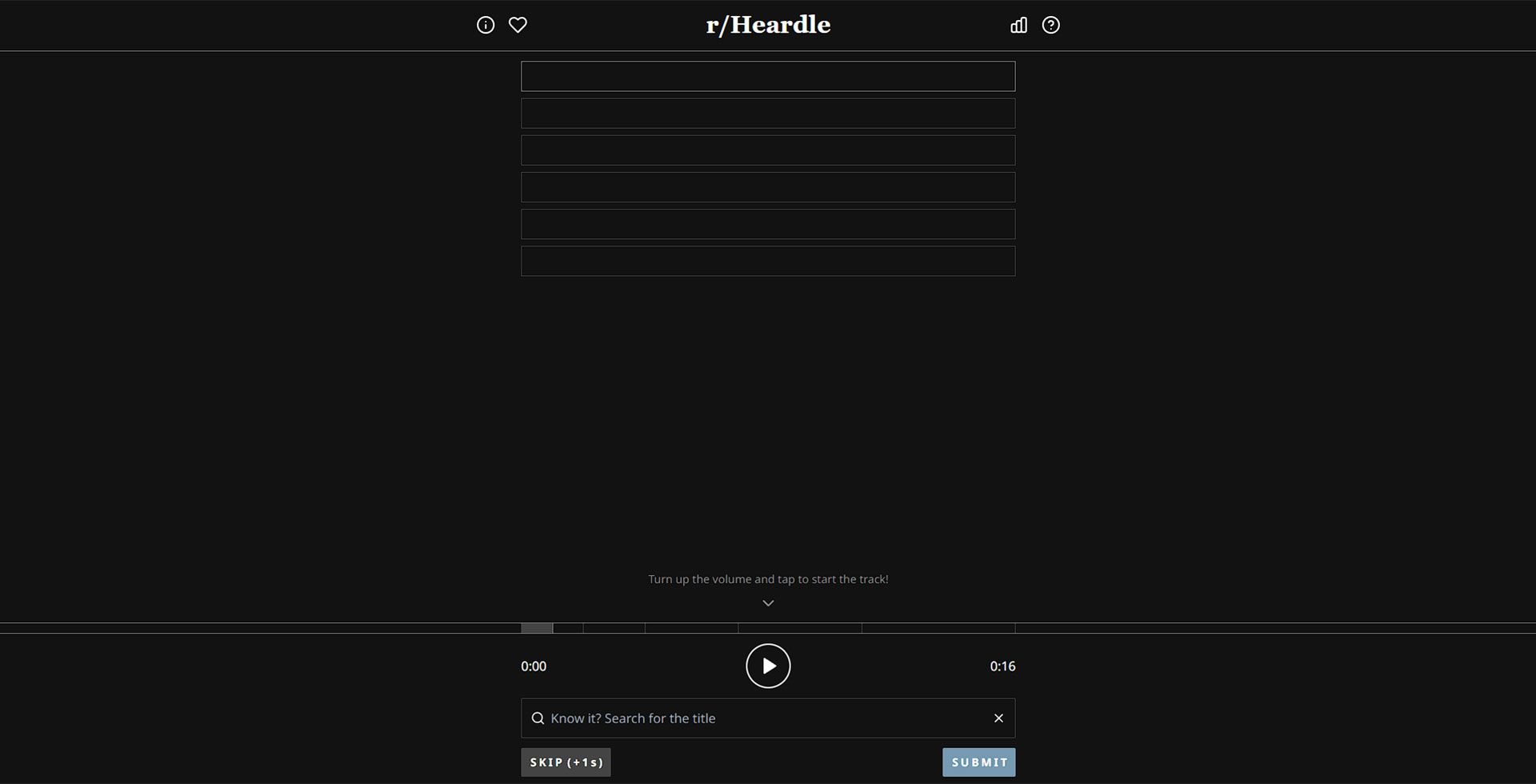 صفحه اصلی سایت heardle که کیبورد کلمات و چندین باکس را نشان می‌دهد