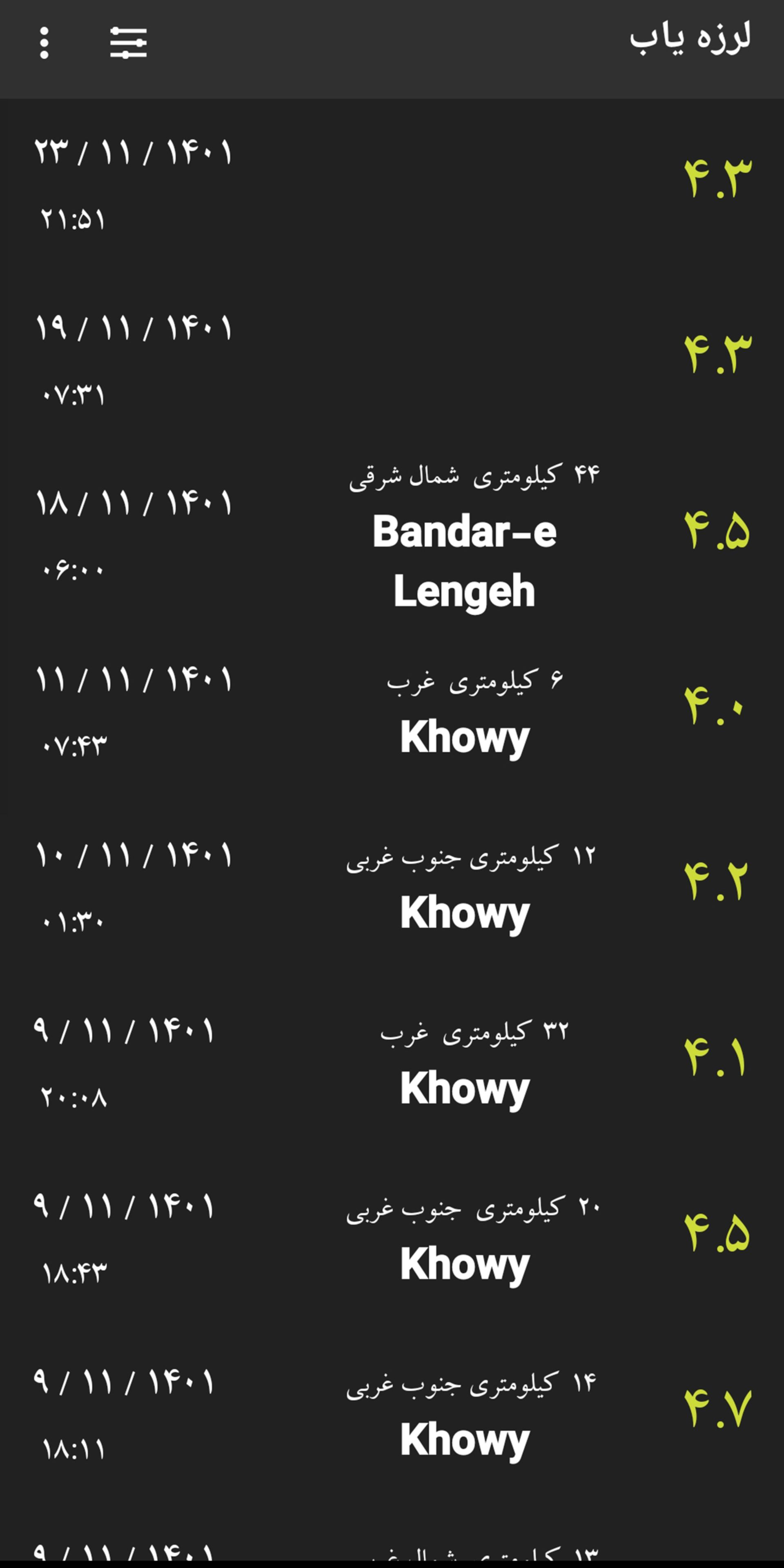 صفحه اطلاعات زلزله های رخ داده در مکان های مختلف 