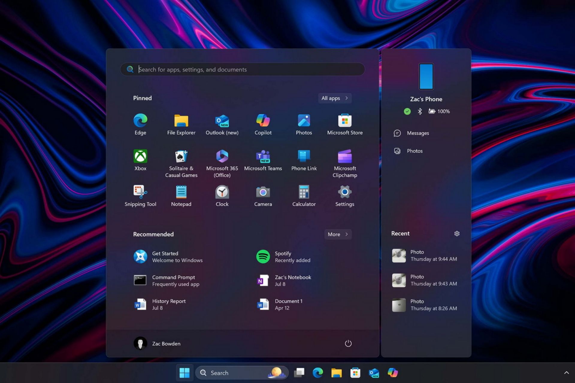 Integrating the new Windows 11 menu with Phone Link