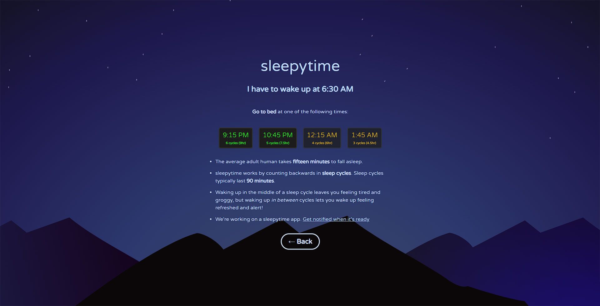 ارائه اطلاعات زمان مناسب برای خواب در سایت Sleepytime